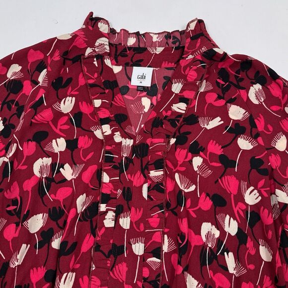 CAbi Corsage Blouse Size Medium Red Floral‎ Top Ruffle Balloon Sleeves 4157 - Picture 3 of 10